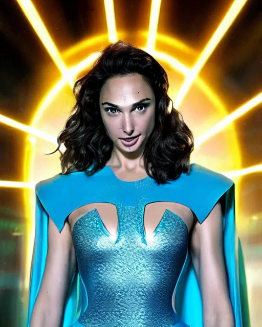 Image similar to Gal Gadot as Colonel Wilma Deering from Buck Rogers in the 25th Century, dressed in a form fitting glittery bright cyan colored spandex jumpsuit, she is gorgeous with long beautiful hair, but a stern look about her, she is standing next to Futuristic Thunderfighter spaceship, photographed in the style of Mario Testino, Studio Lighting