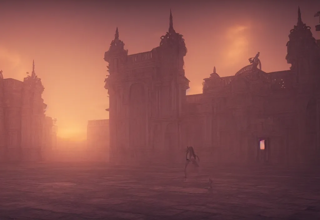 Prompt: a sfx demon inside a pristine palace, sunset, rendered in octane, mood fog