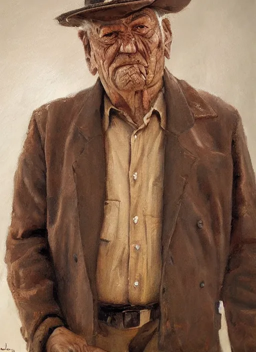 Prompt: concept art oil painting of and Old man by Jama Jurabaev, no glasses, Bust Portrait, Steam Punk, Wearing a worn out brown suit, extremely detailed, brush hard, brush strokes, Dorothea Lange, Migrant Mother, artstation