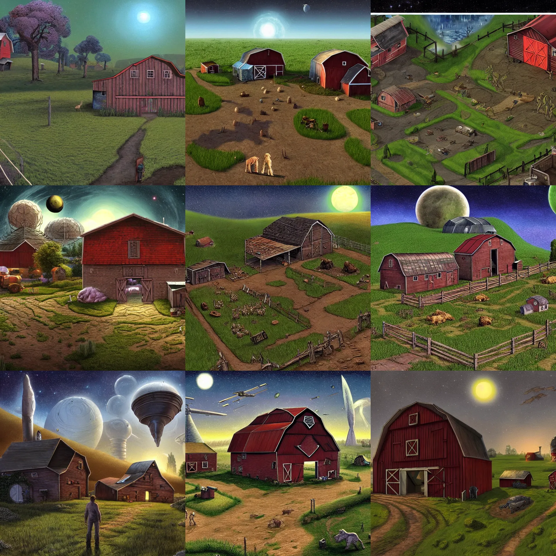 Prompt: next to a farm house and a barn, with human footprints leading to the barn, on a remote planet, from a space themed point and click 2 d graphic adventure game, detailed, set design inspired slightly by hg giger, art inspired by thomas kinkade