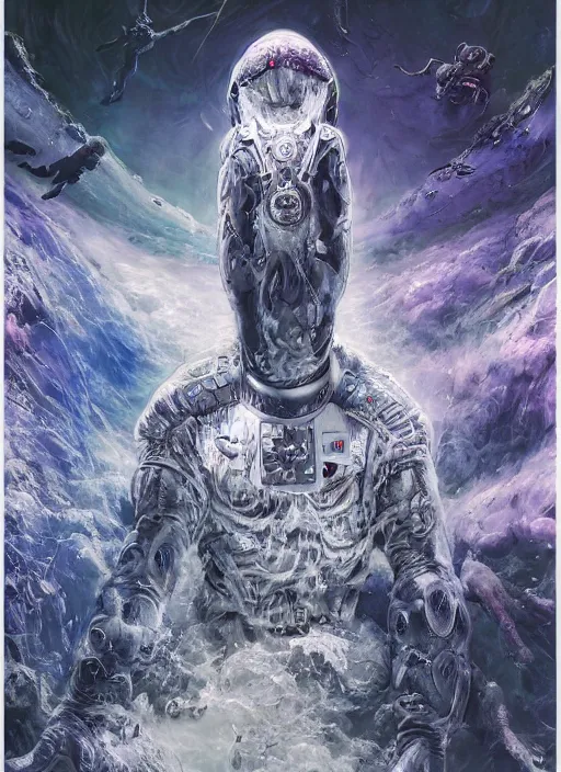 Image similar to astronauts in the dark infinite underwater void - complex and hyperdetailed technical suit, fabric material. reflection and dispersion materials. rays and dispersion of light. volumetric light. wide angle, f / 3 2. noise film photo. flash photography. ultra realistic, wide angle. poster by wayne barlowe, hajime sorayama aaron horkey, craig mullins