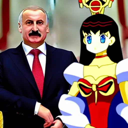 Image similar to president of belorussia, alexander lukashenko with golden long wand in his hands in anime style, sailor moon, anime, perfect faces, fine details