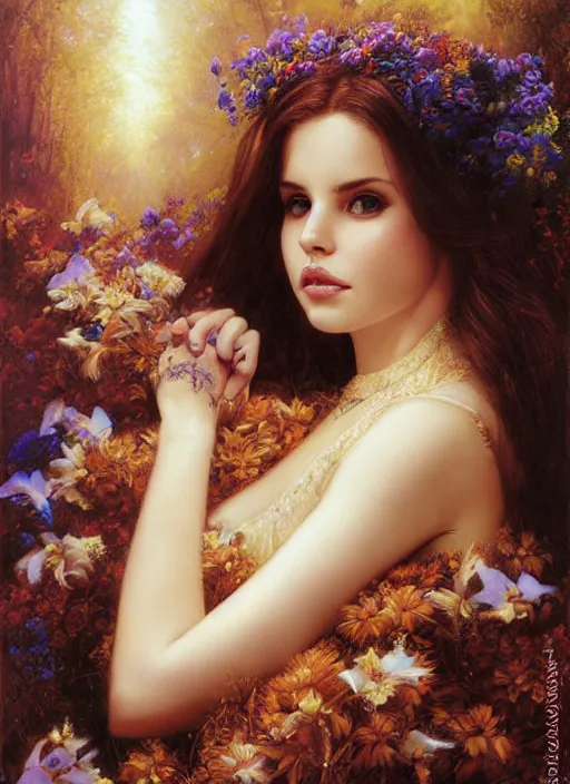 Prompt: surprised dreamy Lana Del Rey, Lilia Alvarado, Sophie Anderson, Mark Arian, Bob Byerley, Charlie Bowater, Mark Brooks, Steve Henderson, Justin Gerard, Arthur Hughes, Edward Robert Hughes, Mark Keathley, Victor Nizovtsev, Carlos Shwabe, Ross Tran, WLOP