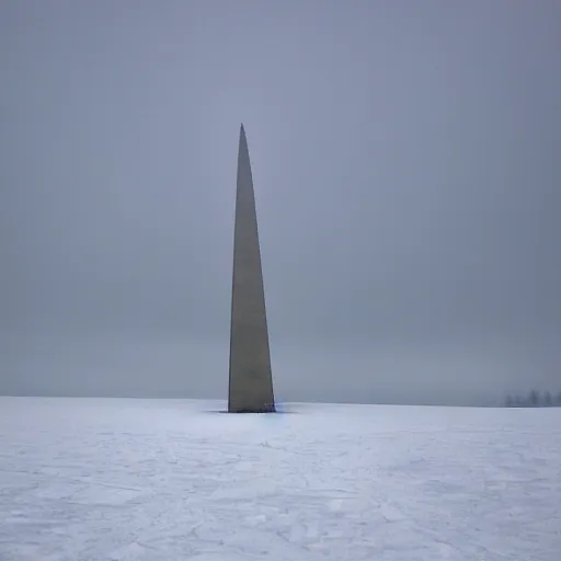 Image similar to a large obelisk on a ice plain. snowing, overcast sky, grainy.