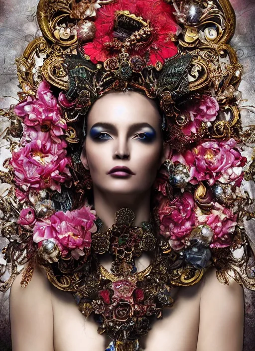 Image similar to expressive full body photo of a female model, ornate headpiece made from flowers, ornaments, glamour shot, by karol bak, by stefan gesell, photorealistic, canon r 3, fashion photography, detailed and intricate, perfect body shape, hyper maximalist, elegant, ornate, luxury, elite, environmental portrait, symmetrical features, octane render, unreal engine