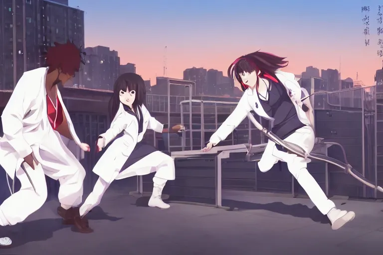 Image similar to a cute young female ninja nurse wearing white coat is attacking an old custodian on a harlem rooftop, lighting, anime scenery by Makoto shinkai