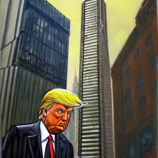 Prompt: a painting of donald trump in front of trump tower by bekinski and by john howe