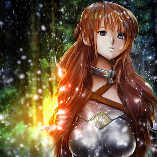 Prompt: portrait focus of knight beautiful 3D anime girl, water armor wearing, dark forest background, snowing, bokeh, inspired by Masami Kurumada, digital painting, high contrast, unreal engine render, volumetric lighting, high détail