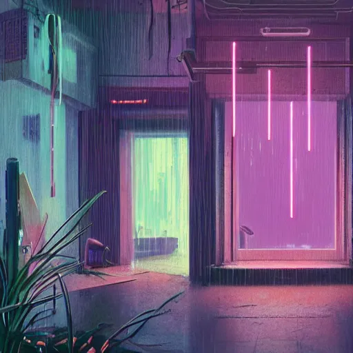 Prompt: 80s interior with arched windows, neon rain, hanging plants, cinematic, cyberpunk, lofi, calming, dramatic, fantasy, by Moebius, by zdzisław beksiński, Fantasy LUT, high contrast, epic composition, sci-fi, dreamlike, surreal, angelic, cinematic, 8k, unreal engine, hyper realistic, fantasy concept art,