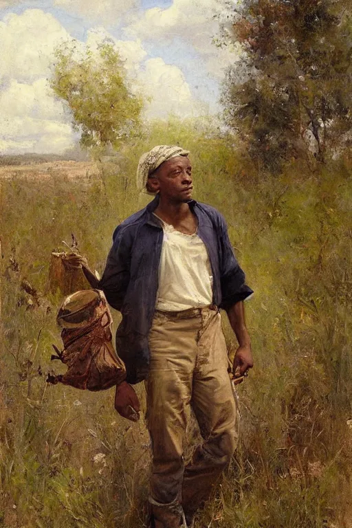 Image similar to Solomon Joseph Solomon and Richard Schmid and Jeremy Lipking painting full length portrait painting of a young man going to work in the field