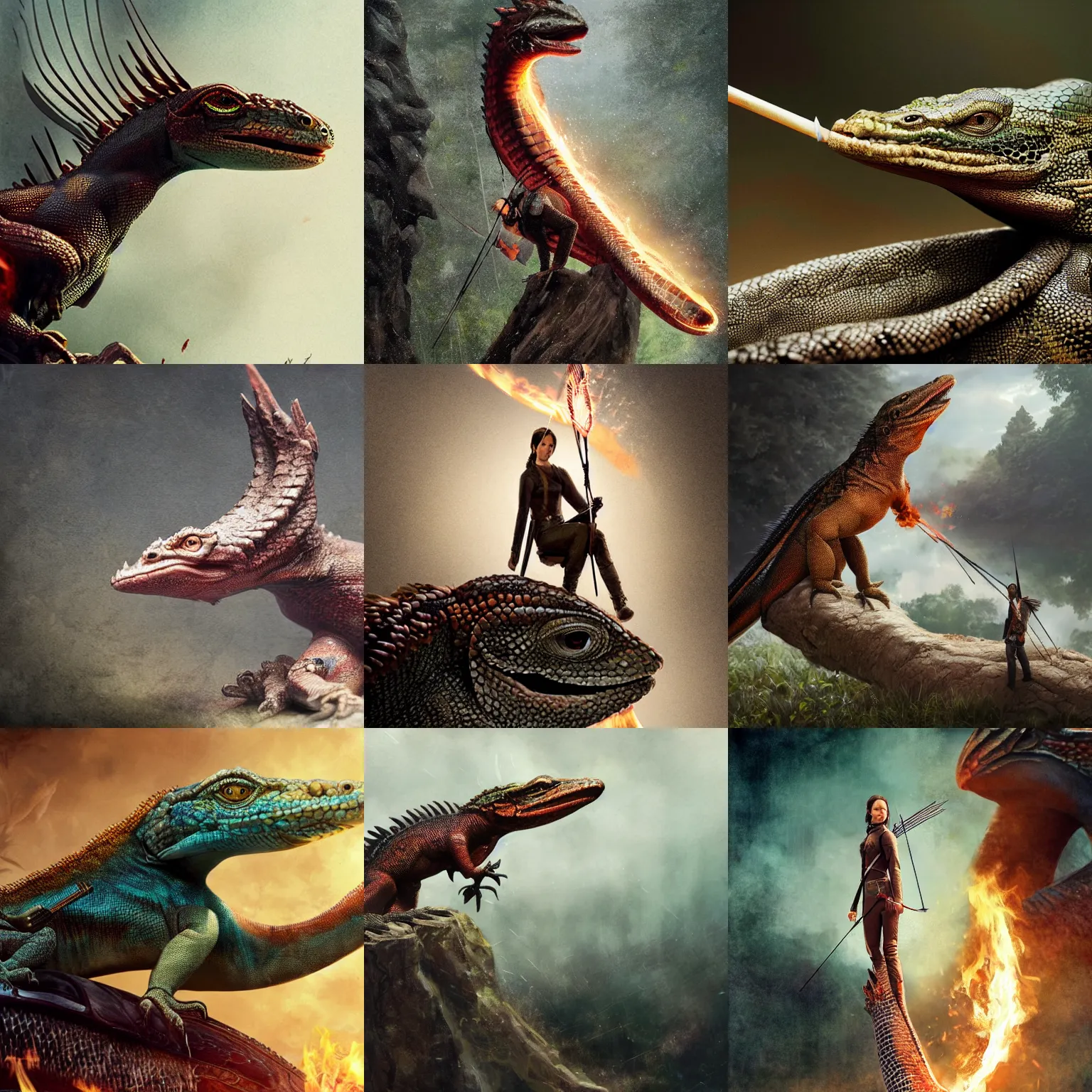 Prompt: katniss everdeen sits on the head of a giant lizard, digital art by greg rutkowski, but as macro photography