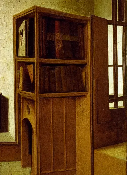 Image similar to bookshelf, medieval painting by jan van eyck, johannes vermeer, florence