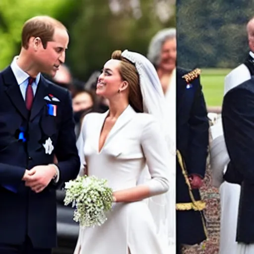 Image similar to photos of the duke of cambridge prince william marrying american singer miley cyrus, happy couple, human faces, official photos, wedding photo, royal wedding, photos trending on twitter, trending photo on instagram