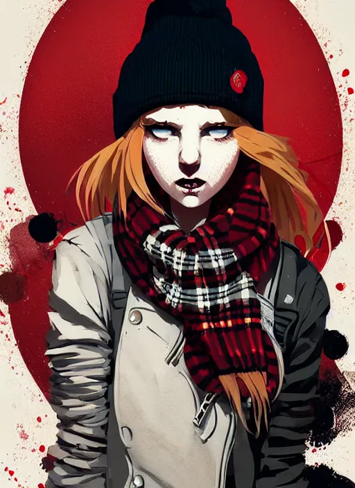 Image similar to highly detailed portrait of a sewer punk lady student, beanie, tartan scarf, wavy blonde hair by atey ghailan, by greg rutkowski, by greg tocchini, by james gilleard, by joe fenton, by kaethe butcher, gradient red, black, brown and cream color scheme, grunge aesthetic!!! white graffiti tag wall background