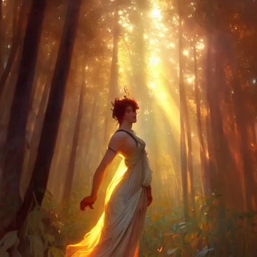 Prompt: divine forest of light, cinematic, ray of golden sunlight, alphonse mucha, greg rutkowski, trending on artstation, artgerm, breathtaking, smooth, mark arian, award winning