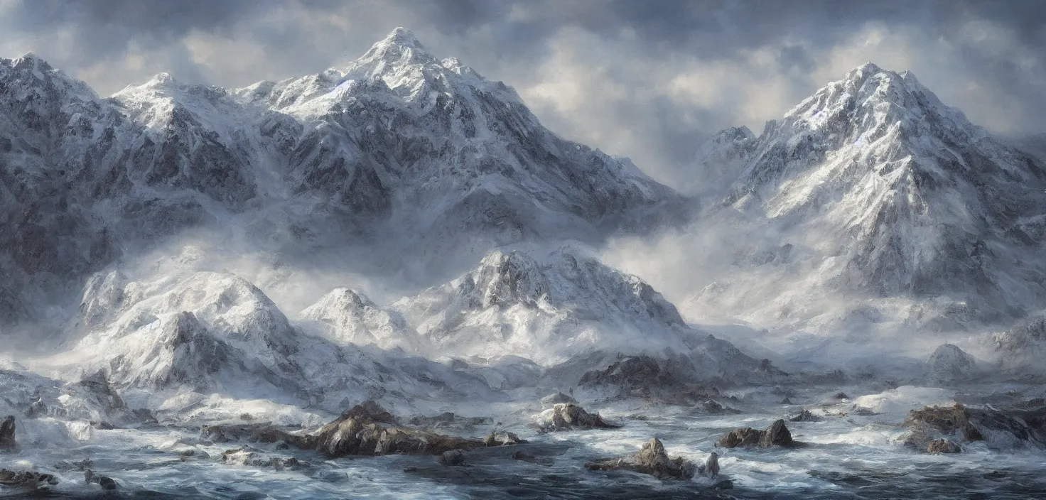 Image similar to detailed Photorealistic oil painting of an epic scene containing A snowy mountain that faces the open water and is blocked off by a large castle