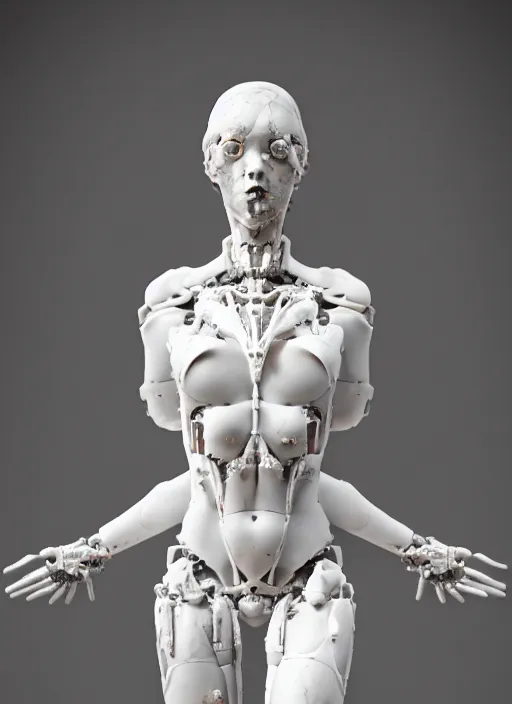 Prompt: a statue made of white marble covered in blood, of an gorgeous futuristic cybernetic angel girl, prostheses, transhumanism, full body shot, perfect symmetrical body, perfect symmetrical face, hyper realistic, hyper detailed, by johannen voss, by peter kemp, by monia merlo, by michelangelo, octane render, blender, 8 k