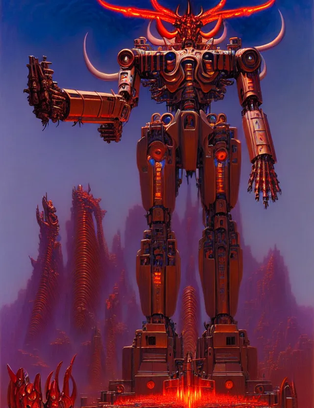 Prompt: a statue of satan mecha, tim hildebrandt, wayne barlowe, bruce pennington, donato giancola, trending on artstation, cinematic composition, beautiful lighting, hyper detailed, 8 k, oil on canvas