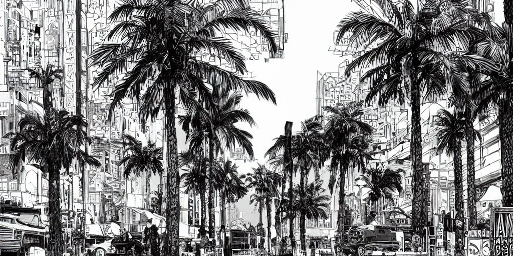 Image similar to cinematic high contrast graphic illustration of hyper detailed highway realistic streetwalkng in an afro futurist city blocks palm trees, by frank lloyd wright architect, bill sienkiewicz, wide angle, insanely detailed and intricate