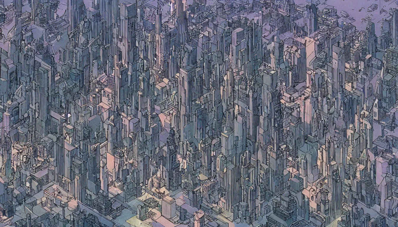 Prompt: futuristic city by moebius