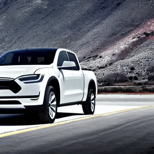 Prompt: A Pickup truck designed and produced by Tesla in the production year of 2022, promotional photo