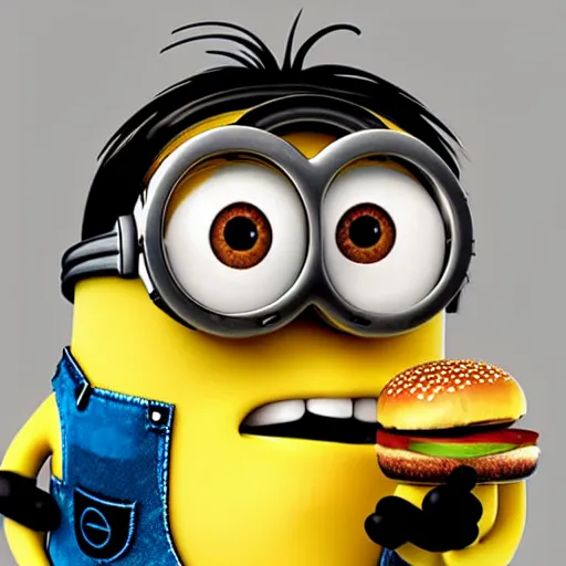 Image similar to A minion eating an hamburger, highly detailed