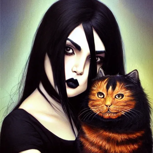 Prompt: a painting of an emo mexican woman with long dark hair thick eyebrows dark eyes and dark circles wide nose big eyes oval face shape big cheeks holding her cat, photorealistic painting by tran nguyen ilya kuvshinov and greg rutkowski featured on deviantart, gothic art, goth, gothic, detailed painting