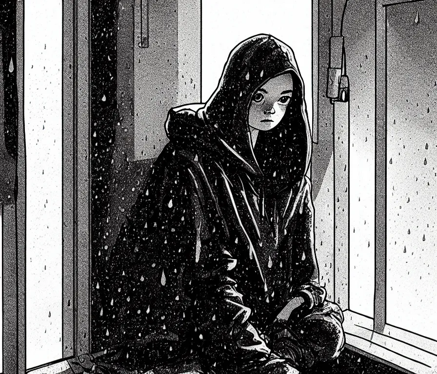 Image similar to sadie sink in hoodie sits on windowsill, knees tucked in | rain falls at night : storyboard, scifi cyberpunk. by gabriel hardman. cinematic atmosphere, detailed and intricate, perfect anatomy