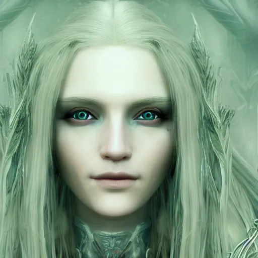 Prompt: beautiful pale sorceress with a symmetrical face, green eyes, long blonde hair, surrounded by ethereal fog, highly detailed, unreal engine, moonlight