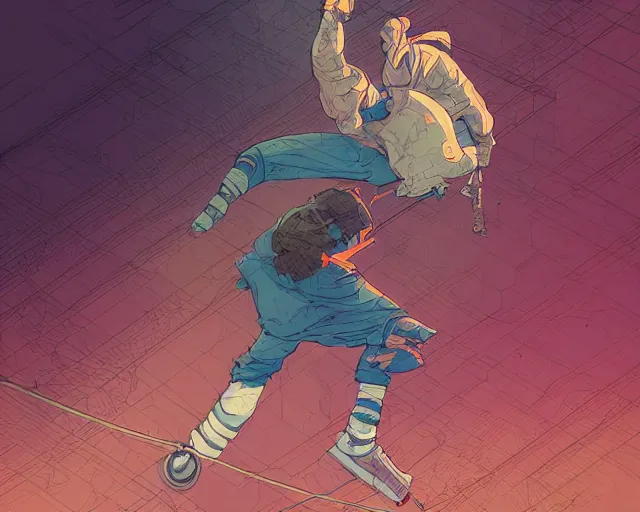 Image similar to a cell shaded cartoon of a monk in rollerblades, illustration, subtle colors, post grunge, concept art by josan gonzales and wlop, by james jean, Victo ngai, David Rubín, Mike Mignola, Laurie Greasley, highly detailed, sharp focus, alien, Trending on Artstation, HQ, deviantart, art by artgem