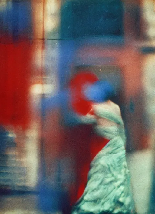 Prompt: ( ( out of focus ) ), head to shoulders kiss, photography by saul leiter and ernst haas in a decorated pompeii peristylium, tea green, airforce blue, red