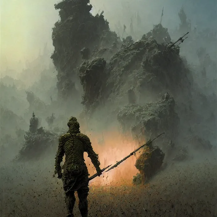 Image similar to 4k fantasy soldier ,art by zdzisław Beksiński, art by greg rutkowski, art by craig mullins, art by thomas kincade, art by Yoshitaka Amano