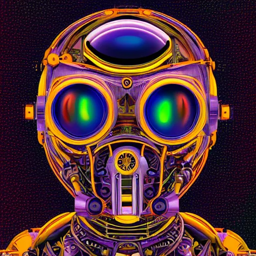 Image similar to hyperdetailed portrait of a multicolored spaced out steampunk robot head, 8 k, symetrical, halluzinogenic, meditative, vector art, black background