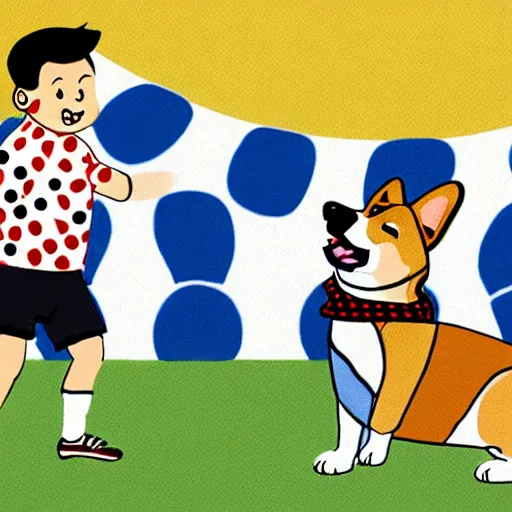 Image similar to illustration of french boy in paris playing football against a corgi, the corgi is wearing a polka dot scarf