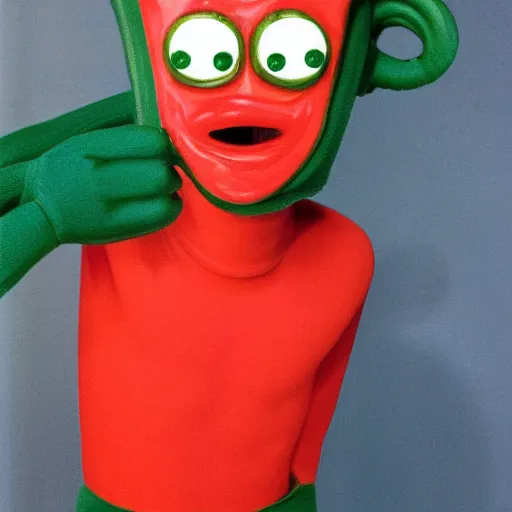 Image similar to photo of gumby as a real human with smooth shiny skin