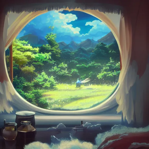 Image similar to a heavenly dream view from the interior of my cozy house from a Makoto Shinkai oil on canvas inspired pixiv dreamy scenery art majestic fantasy scenery cozy window frame fantasy pixiv scenery art inspired by magical fantasy exterior