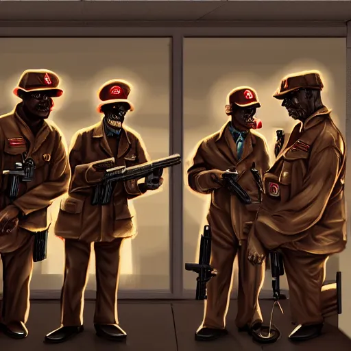 Prompt: glowing red skin zombie security officers in vintage beige uniforms and caps holding submachine guns in a brutalist office setting trending on artstation digital painting 4 k sharp detail clear accurate high quality