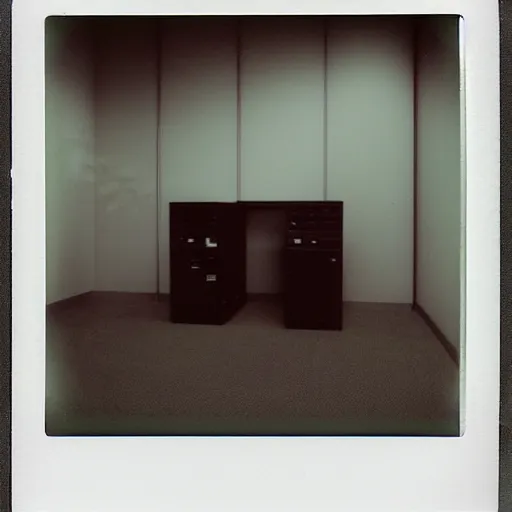 Image similar to Creepy liminal infinite office space, old polaroid, photograph