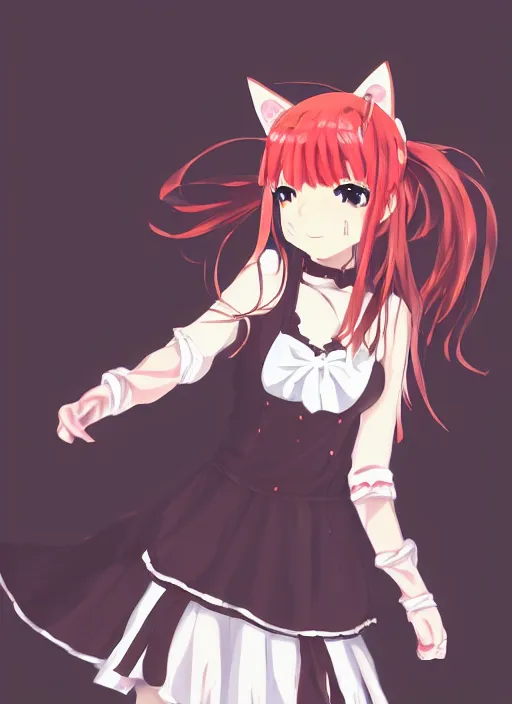 Prompt: anime girl with cat ears with red hair wearing a maid dress, detailed character portrait, anime style, by makoto shinkai, by wenjun lin, gorgeous face, digital art, video game fanart