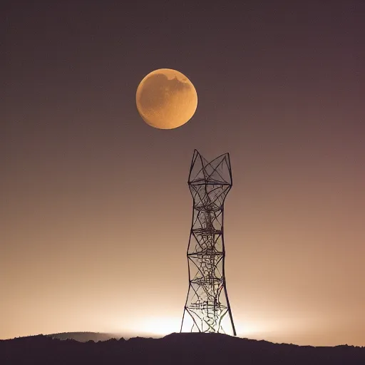 Image similar to Night photography of a misty mountain with a radio tower on top, and a yellow moon directly behind it. Lens compression