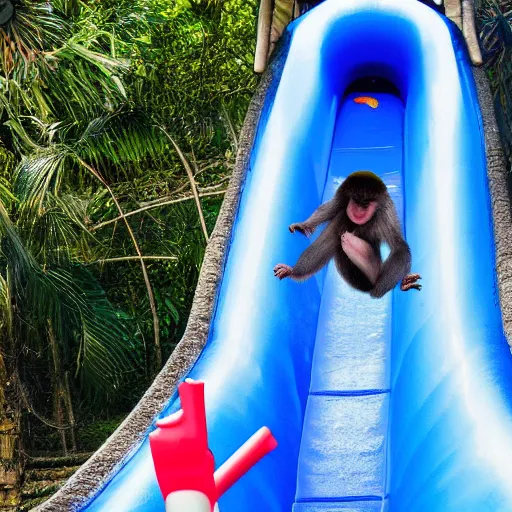 Image similar to photo of a happy monkey sliding down a waterslide, 4 k, full hd, reallistic, highly detailed