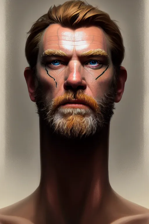 Image similar to symmetry!! portrait of willem ewan mcgregor in the style of god of war, machine parts embedded into face, intricate, elegant, highly detailed, digital painting, artstation, concept art, smooth, sharp focus, illustration, art by artgerm and greg rutkowski and alphonse mucha, 8 k