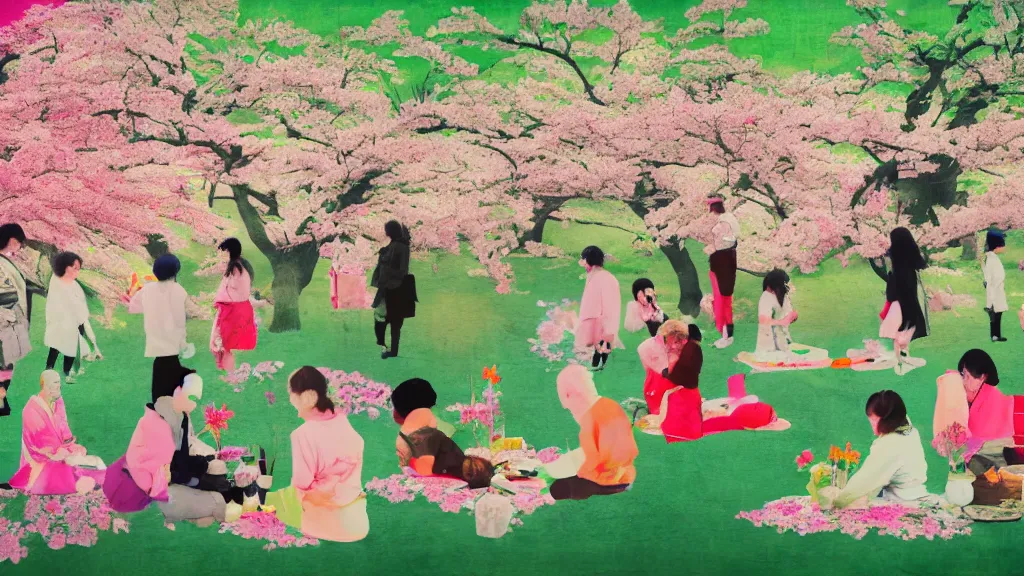 Prompt: a small group of people flower viewing sakura picnic, japan, a collage painting, in the style of wes anderson, lola dupre, david hockney, isolated on negative white space background dark monochrome neon fluorescent spraypaint accents volumetric octane render