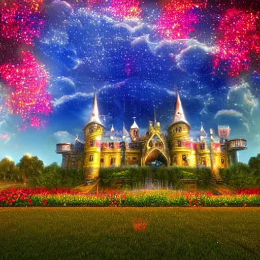 Image similar to Amazing View of fantasy Beautiful Sky Scenery with ornate gold and silver iridescent castles of light Highly detailed Vines Trees Gardens flowers in bloom clouds sunset holographic metallic angelic prismatic reflections Depth of field HDR
