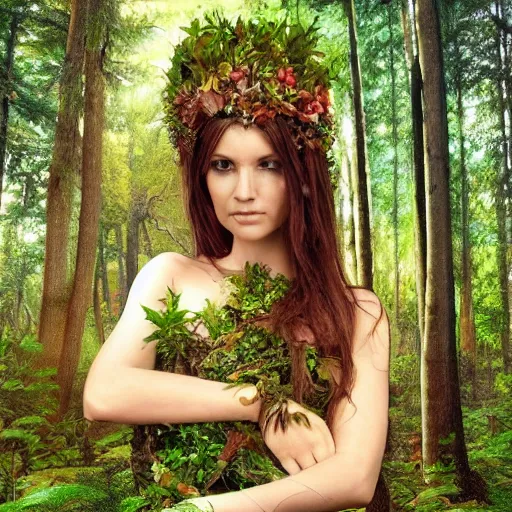 Image similar to a forest wood goddess, beautiful, protecting the forest, enchanting, lush, unique, amazing, realistic