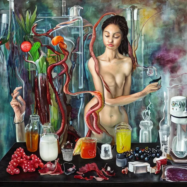 Prompt: sensual, a female art student in her laboratory, squid, berry juice drips, pancakes, silk, juice, honey, a painting of bacon, berries, houseplants in scientific glassware, art supplies, white candles, neo - expressionism, surrealism, acrylic and spray paint and oilstick on canvas