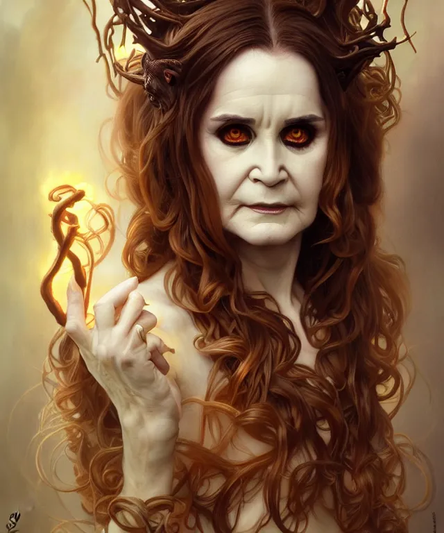 Image similar to ozzy osborne as a female fantasy satyr, portrait, fantasy, intricate, elegant, highly detailed, digital painting, artstation, concept art, smooth, sharp focus, illustration, art by artgerm and greg rutkowski and alphonse mucha