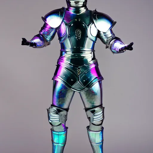 Prompt: holographic corinthian armor, man wearing armor, glowing, see through, spectacular