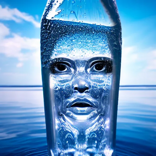 Prompt: water art manipulation in the shape of a human head in a bottle shape, on the ocean water, futuristic, glowing, hyper realistic, ray tracing, realistic water splashes, sharp focus, long shot, 8 k resolution, cinematic, photoshop water art