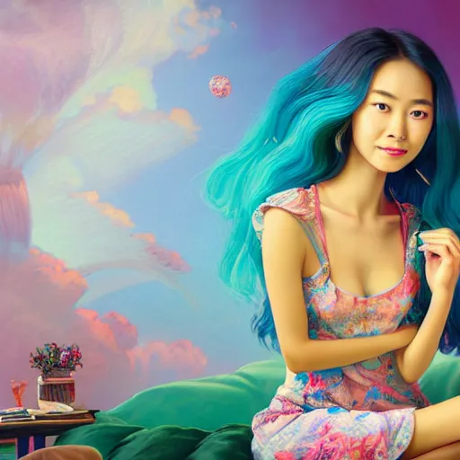 Prompt: young asian woman with flowing hair dressed in a small top sitting on bed, she is smiling, hand in her hair, rendered in octane, photorealism, by Ansel Adams David Suh Lisa Frank Peter Mohrbacher Artgerm